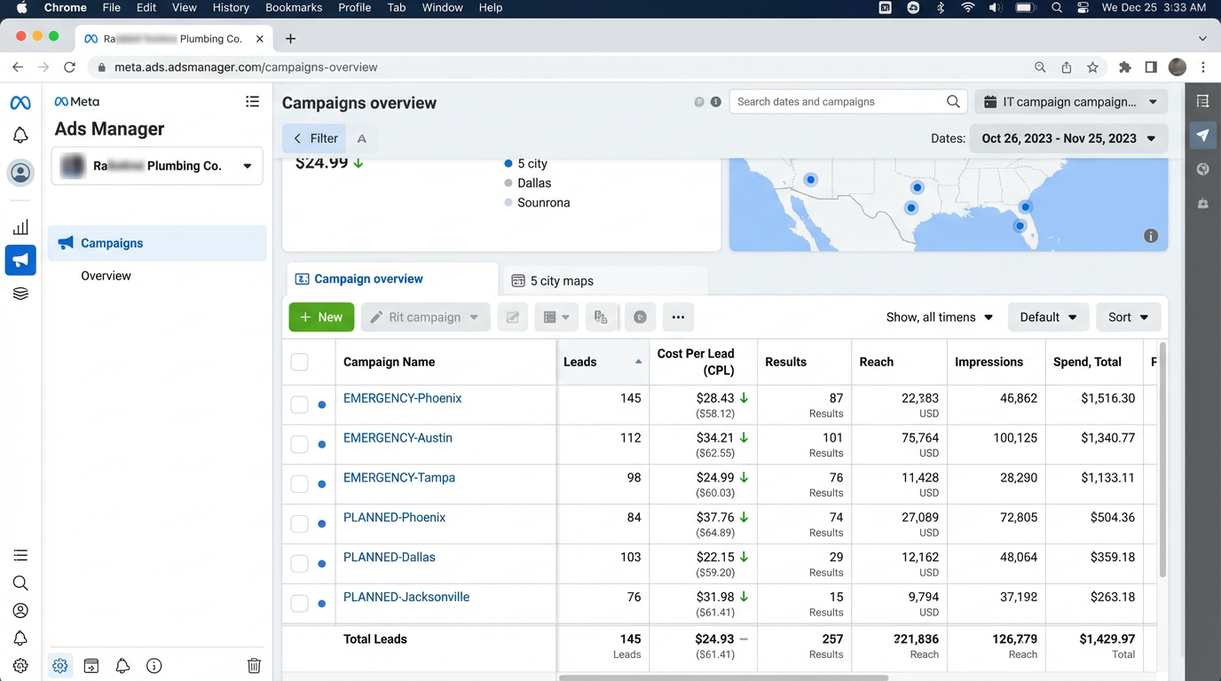 Multi-location plumbing company — Plumbing performance dashboard
